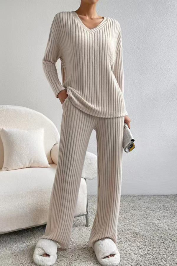 Casual Living Solid Pocket V Neck Long Sleeve Two Pieces