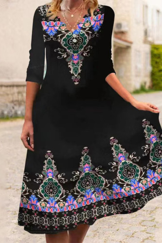 Casual College Print Buttons V Neck A Line Dresses