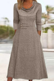 Casual Simplicity Solid Pocket Buttons Scarf Collar A Line Dresses