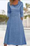 Casual Simplicity Solid Pocket Buttons Scarf Collar A Line Dresses