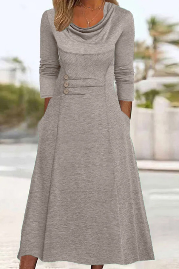 Casual Simplicity Solid Pocket Buttons Scarf Collar A Line Dresses