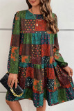 Bohemian College Print Patchwork O Neck Cake Skirt Dresses