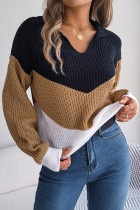 Casual Color Block Contrast Turndown Collar Tops
