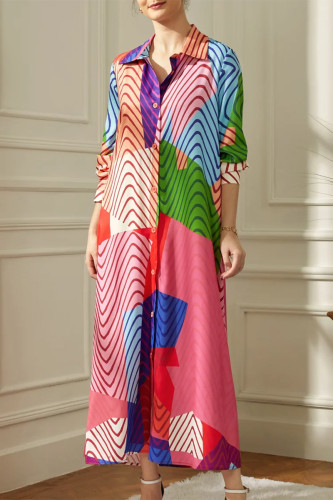 Casual Vacation Geometric Printing Turndown Collar Shirt Dress Dresses