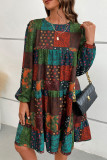 Bohemian College Print Patchwork O Neck Cake Skirt Dresses
