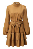 Elegant Solid Patchwork Flounce Turtleneck Cake Skirt Dresses