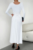 Elegant Simplicity Solid Frenulum U Neck Waist Skirt Dresses