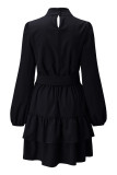 Elegant Solid Patchwork Flounce Turtleneck Cake Skirt Dresses