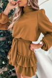 Elegant Solid Patchwork Flounce Turtleneck Cake Skirt Dresses