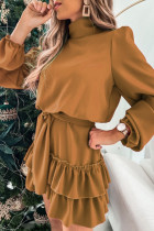 Elegant Solid Patchwork Flounce Turtleneck Cake Skirt Dresses