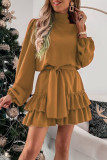 Elegant Solid Patchwork Flounce Turtleneck Cake Skirt Dresses