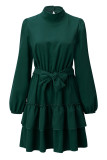 Elegant Solid Patchwork Flounce Turtleneck Cake Skirt Dresses