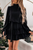 Elegant Solid Patchwork Flounce Turtleneck Cake Skirt Dresses
