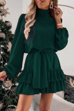 Elegant Solid Patchwork Flounce Turtleneck Cake Skirt Dresses