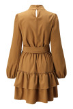 Elegant Solid Patchwork Flounce Turtleneck Cake Skirt Dresses