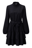 Elegant Solid Patchwork Flounce Turtleneck Cake Skirt Dresses