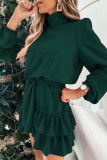 Elegant Solid Patchwork Flounce Turtleneck Cake Skirt Dresses
