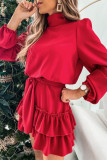 Elegant Solid Patchwork Flounce Turtleneck Cake Skirt Dresses