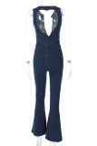 Casual Street Solid Backless Zipper V Neck Regular Jumpsuits