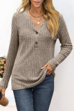 Casual Solid Buttons V Neck Tops