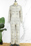 Casual Floral Pocket Turndown Collar Long Sleeve Two Pieces