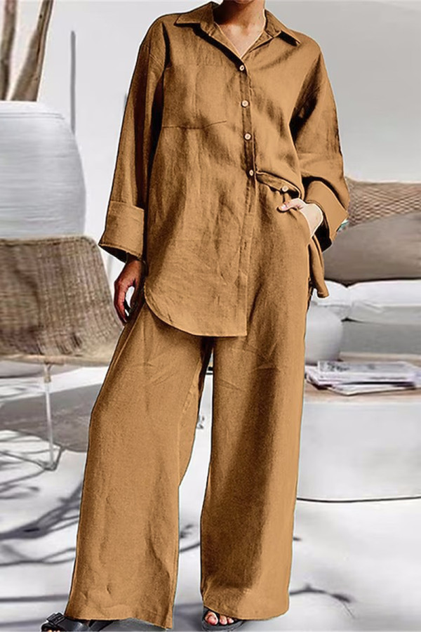 Casual Simplicity Solid Pocket Turndown Collar Long Sleeve Two Pieces