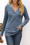 Casual Solid Buttons V Neck Tops