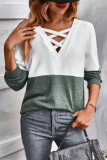 Casual Color Block Cross Straps Contrast V Neck Tops