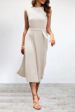 Street Simplicity Solid Frenulum Slit O Neck Sleeveless Dress Dresses