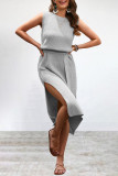 Street Simplicity Solid Frenulum Slit O Neck Sleeveless Dress Dresses