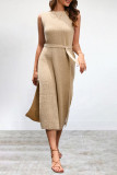 Street Simplicity Solid Frenulum Slit O Neck Sleeveless Dress Dresses