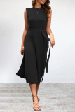 Street Simplicity Solid Frenulum Slit O Neck Sleeveless Dress Dresses