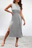 Street Simplicity Solid Frenulum Slit O Neck Sleeveless Dress Dresses