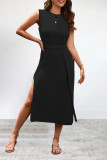Street Simplicity Solid Frenulum Slit O Neck Sleeveless Dress Dresses