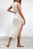 Street Simplicity Solid Frenulum Slit O Neck Sleeveless Dress Dresses