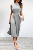 Street Simplicity Solid Frenulum Slit O Neck Sleeveless Dress Dresses