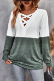 Casual Color Block Cross Straps Contrast V Neck Tops