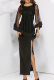Elegant Formal Solid Sequins Slit O Neck Two Pieces