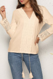 Elegant Simplicity Solid Lace Tassel V Neck Tops
