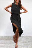 Street Simplicity Solid Frenulum Slit O Neck Sleeveless Dress Dresses