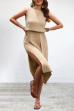 Street Simplicity Solid Frenulum Slit O Neck Sleeveless Dress Dresses