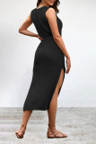 Street Simplicity Solid Frenulum Slit O Neck Sleeveless Dress Dresses