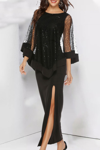 Elegant Formal Solid Sequins Slit O Neck Two Pieces