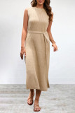 Street Simplicity Solid Frenulum Slit O Neck Sleeveless Dress Dresses