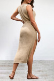Street Simplicity Solid Frenulum Slit O Neck Sleeveless Dress Dresses