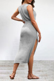 Street Simplicity Solid Frenulum Slit O Neck Sleeveless Dress Dresses