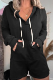 Casual Simplicity Solid Draw String Pocket Hooded Collar Loose Rompers