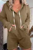 Casual Simplicity Solid Draw String Pocket Hooded Collar Loose Rompers