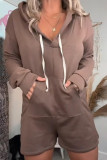 Casual Simplicity Solid Draw String Pocket Hooded Collar Loose Rompers