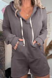 Casual Simplicity Solid Draw String Pocket Hooded Collar Loose Rompers